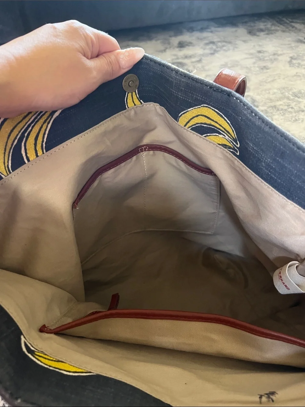 Lucky Brand Navy Denim Tote with Yellow Banana Print and Brown Handles